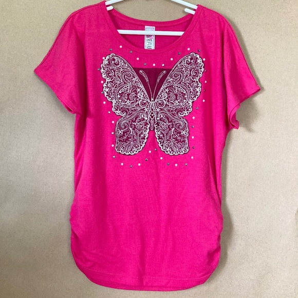 Girls Beautees size medium hot pink butterfly bling top - Picture 1 of 7